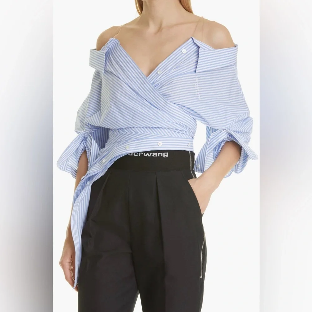 SOLD! Alexander Wang Off Shoulder Asymmetric Striped Mesh Accent Poplin Top 2 - Picture 3 of 17